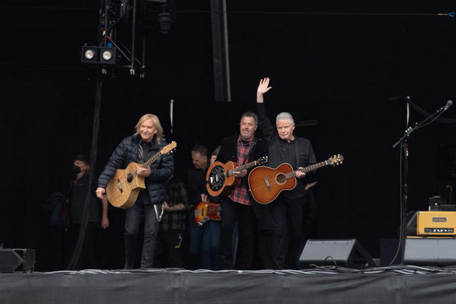 EDINBURGH, SCOTLAND - JUNE 22: Joe Walsh, Vince Gill and Don Henley of the Eagles enter on stage at Murrayfield on June 22, 2022 in Edinburgh, Scotland. (Photo by Roberto Ricciuti/Redferns)
